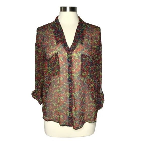 Free People S sheer floral button up red green - Picture 1 of 8